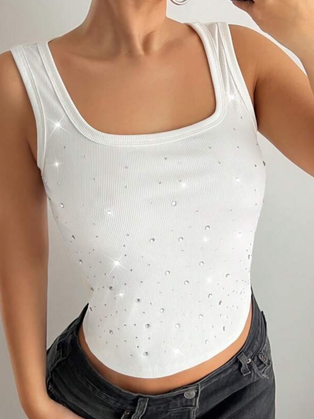 White Crystal-Embellished Ribbed Tank Top